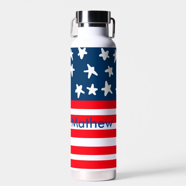 4th july independence day add name text US flag Water Bottle (Front)