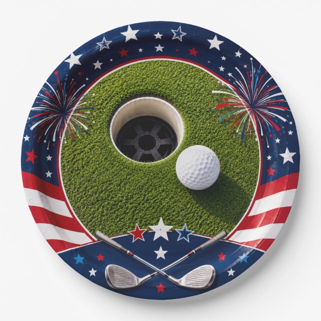 4th July Independence for Golfer Party  Paper Plate (Front)