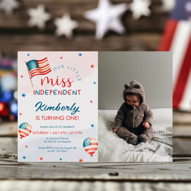 4th July Little Miss Independent Birthday Photo Invitation (Creator Uploaded)
