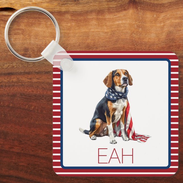 4th July Patriotic Hound Dog Monogram Key Ring (Front)