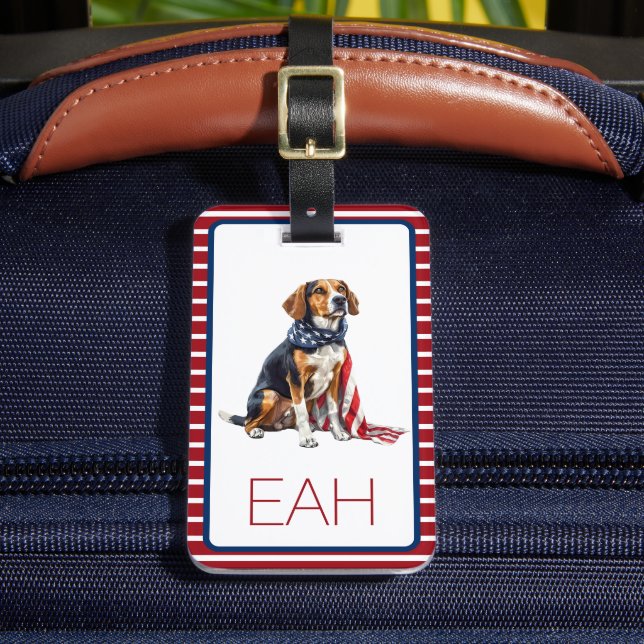 4th July Patriotic Hound Dog Monogram Luggage Tag (Front Insitu 2)