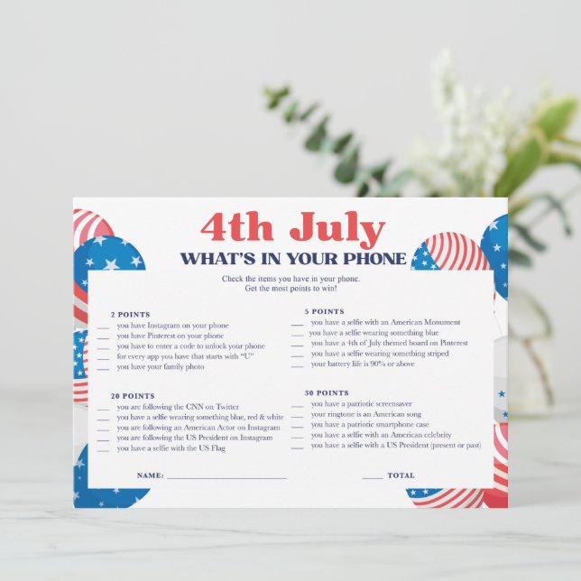 4th July Phone Game Card (Standing Front)
