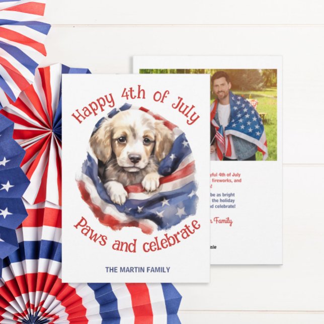 4th July Photo Greeting  Holiday Card (4th of July American flag and puppy photo greeting card for friends and family)