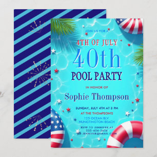 4th July Pool Party Americana Chic 40th Birthday Invitation