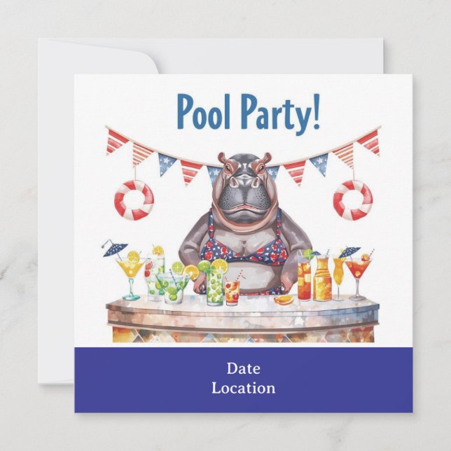 4th July Pool Party with Hippo in Bikini  Invitation (Front)
