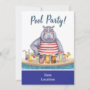 4th July Pool Party with Hippo in Bikini  Invitation