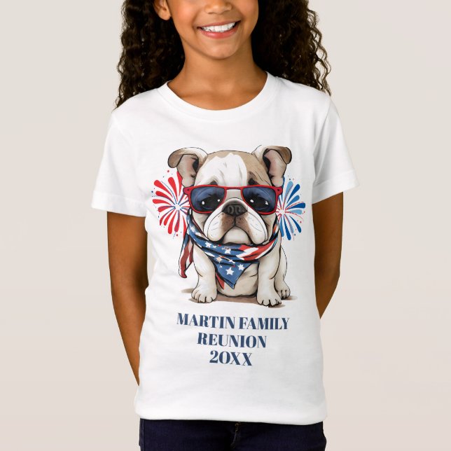 4th July Red Blue Bulldog Family Reunion Girl's T-Shirt (Front)