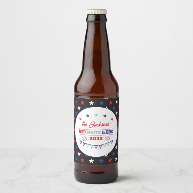 4th july Red white and BBQ family name patriotic Beer Bottle Label (Front)