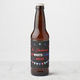 4th july Red white and BBQ family name patriotic Beer Bottle Label