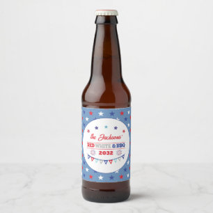 4th july Red white and BBQ family name patriotic Beer Bottle Label