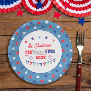 4th july Red white and BBQ family name patriotic Paper Plate