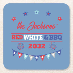 4th july Red white and BBQ family name patriotic Square Paper Coaster