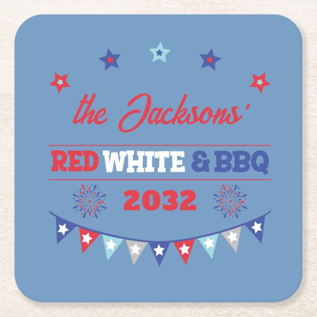 4th july Red white and BBQ family name patriotic Square Paper Coaster (Front)