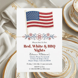 4th July Red White BBQ Nights American Flag Floral Invitation
