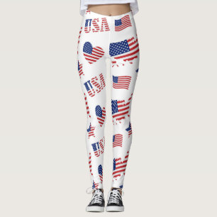 4th July USA Flag Heart Red Blue White Leggings