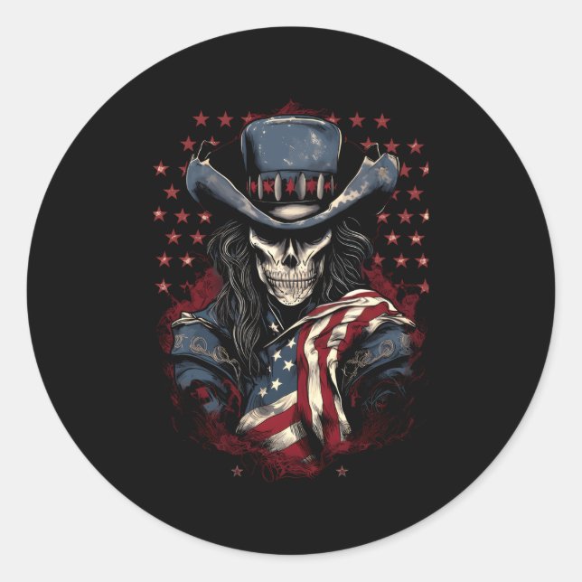 4Th July Y'Allternative Usa Flag Western Skull Classic Round Sticker (Front)