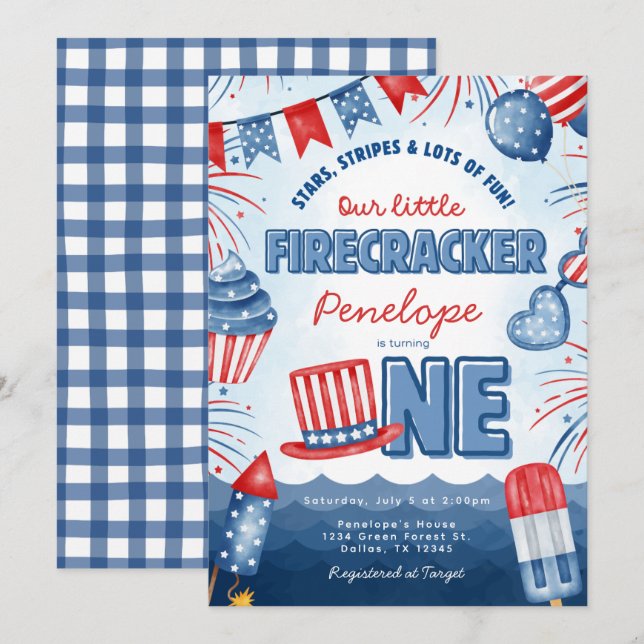 4th of July 1st Birthday Party Invitation Card (Front/Back)