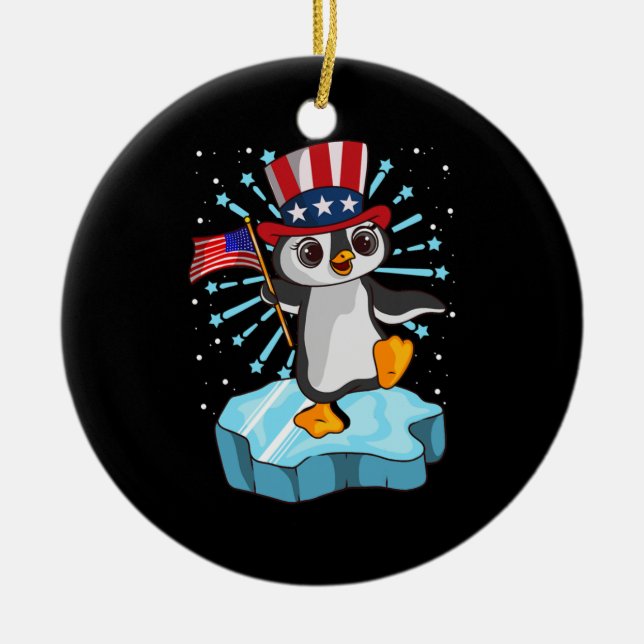 4th Of July 2021 Penguin Ceramic Tree Decoration (Front)