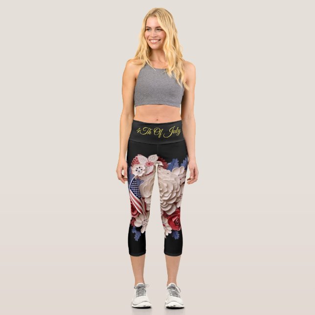 4Th Of July: 3D Patriotic Flowers Capri Leggings (Front)