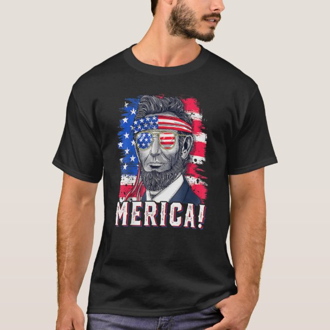 4th Of July Abraham Lincoln Sunglasses American Fl T-Shirt (Front)
