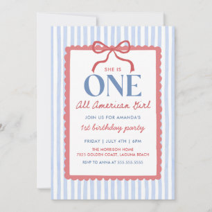 4th of July All American Bow Girl Birthday Invitation