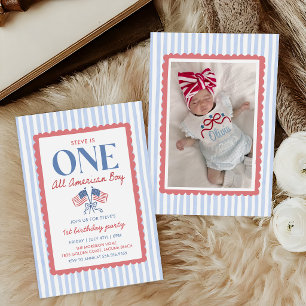 4th of July All American Boy 1st Birthday Photo Invitation
