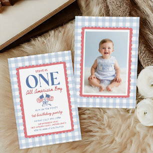 4th of July All American Boy 1st Birthday Photo Invitation