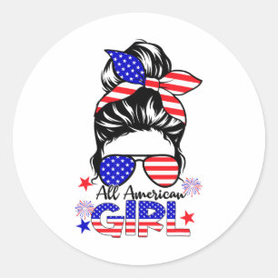 4th Of July All American Girls Messy Bun  Classic Round Sticker
