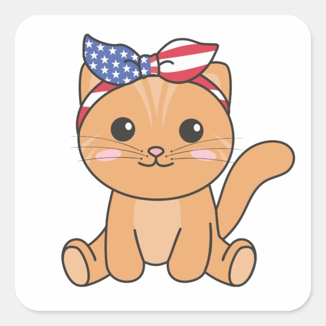4th Of July American Cat For Kids Cute Usa Cat Square Sticker (Front)