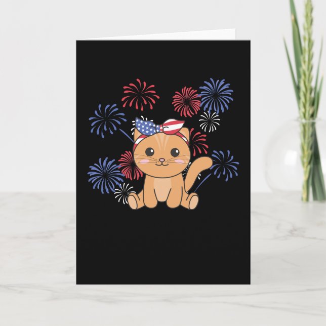 4th Of July American Cat For Kids Usa Fireworks Ho Holiday Card (Front)