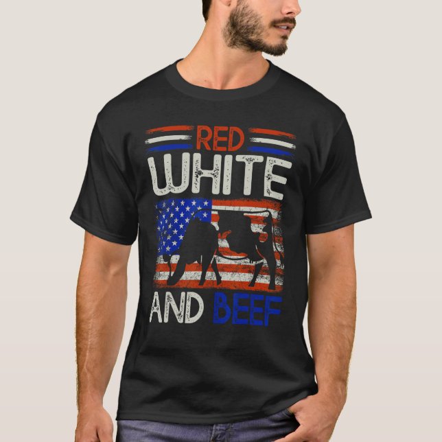 4th of July American Flag Cattle Cow Red white and T-Shirt (Front)