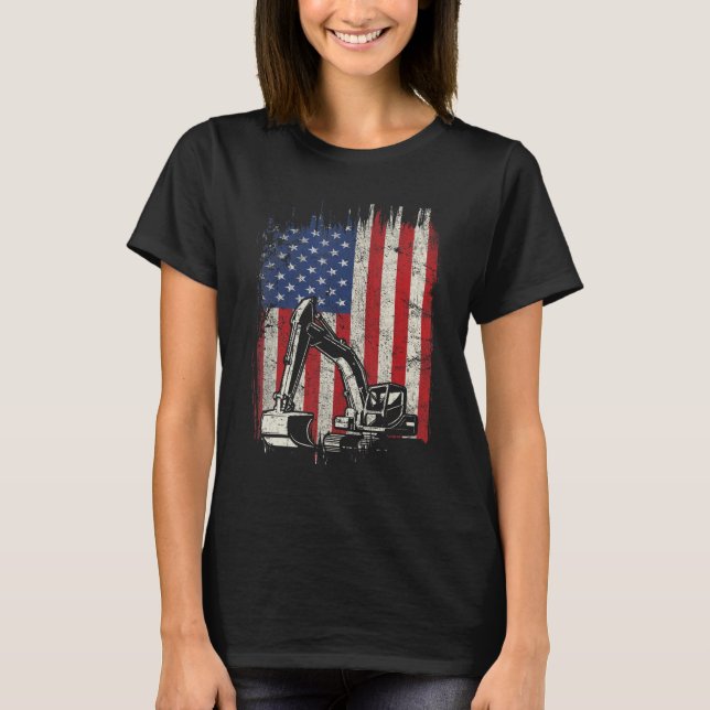 4th Of July American Flag Construction Backhoe Exc T-Shirt (Front)