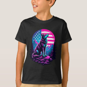 4th Of July American Flag Howling Wolf Under Usa M T-Shirt