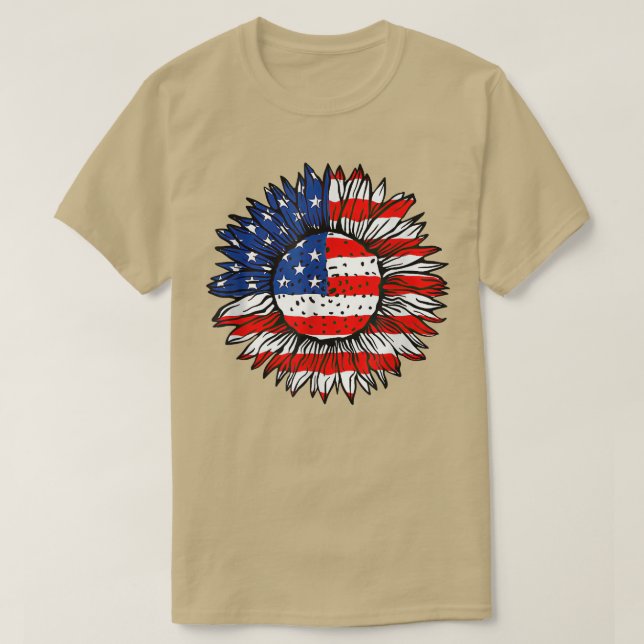 4th of July American Flag Sunflower Red White Blue T-Shirt (Design Front)