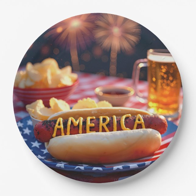 4th of July American Hot Dog and Beer Paper Plate (Front)