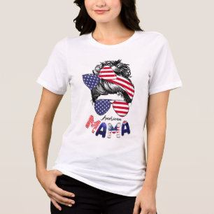 4th Of July American Mama Messy Bun Mum Life Patri Tri-Blend Shirt