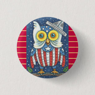 4TH OF JULY AMERICAN OWL, BIRD BUTTON Round