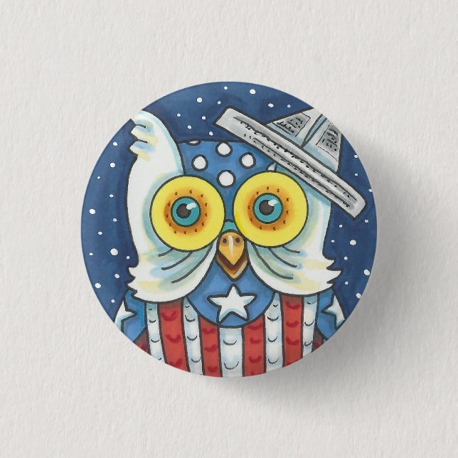 4TH OF JULY AMERICAN OWL, BIRD BUTTON Round (Front)