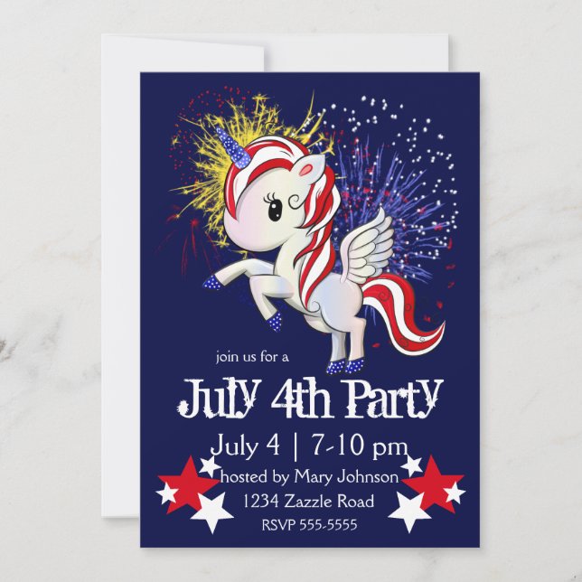 4th of July American Unicorn Pegasus Rainbow Invitation (Front)