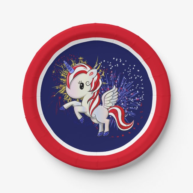 4th of July American Unicorn Pegasus Rainbow Paper Plate (Front)