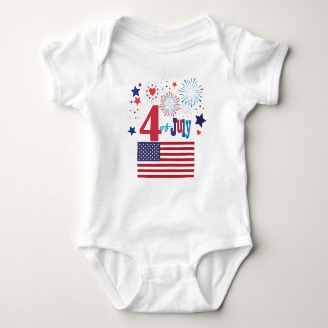 4th of July American USA Flag Heart Flag Fireworks Baby Bodysuit (Front)