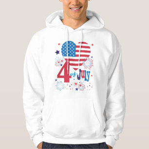 4th of July American USA Flag Heart Flag Fireworks Hoodie