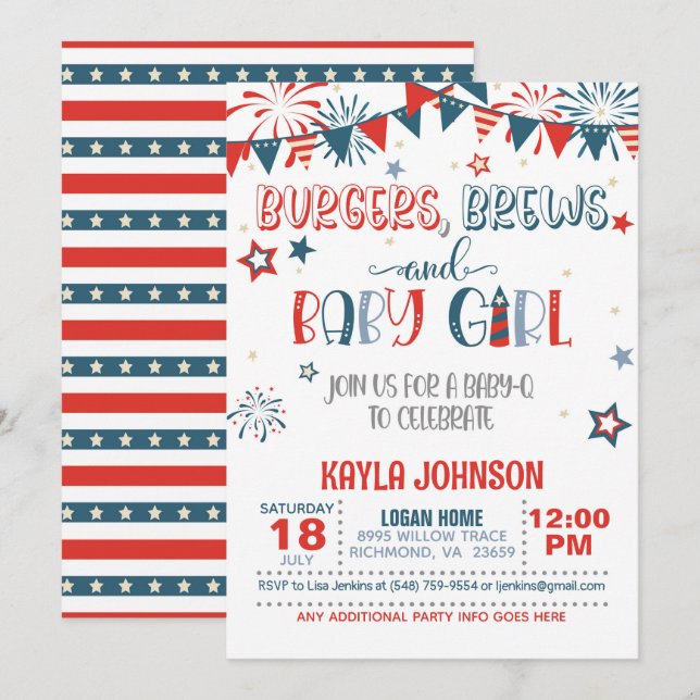 4th of July Baby Q Baby Shower - Girl Invitation (Front/Back)