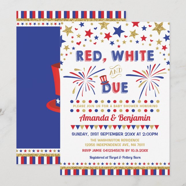 4th of July Baby Shower Red White and Due Invitation (Front/Back)