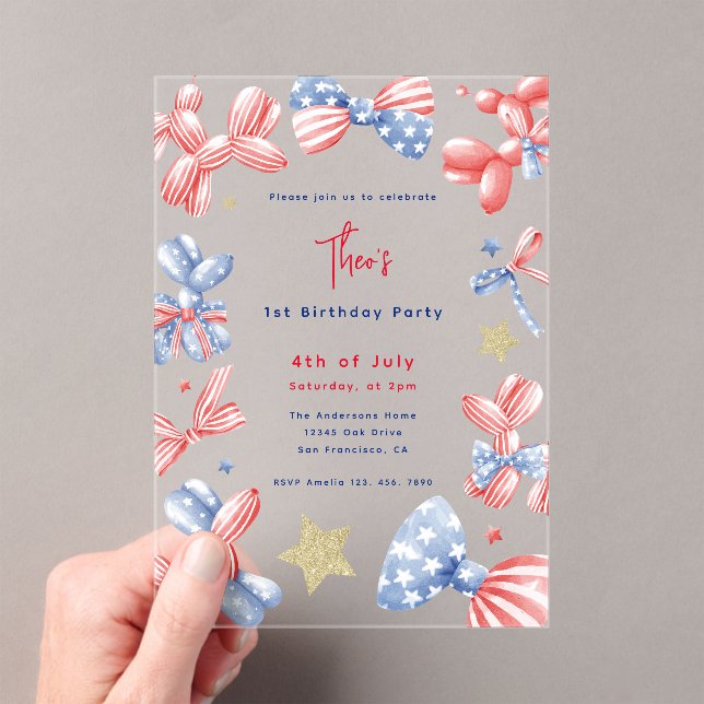 4th of July Balloon Baby Boy 1st Birthday Party Acrylic Invitations (Insitu (Handheld))