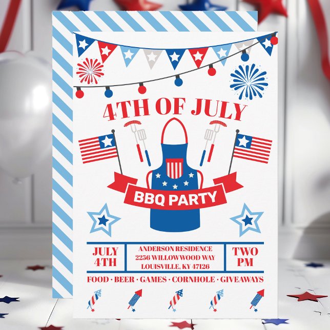 4th Of July Barbeque Apron Light Blue BBQ Party  Invitation (Creator Uploaded)