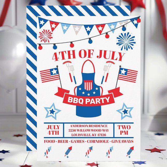 4th Of July Barbeque Apron Navy Blue BBQ Party  Invitation (Creator Uploaded)