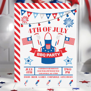 4th Of July Barbeque Apron Red BBQ Party  Invitation