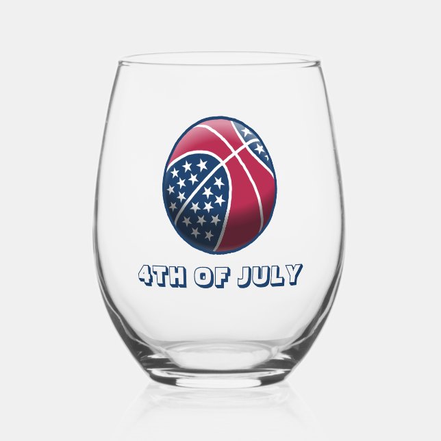 4th of July Basketball Stemless Wine Glass (Front)