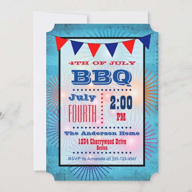 4th of July BBQ Flag and Fireworks Invitation (Back)